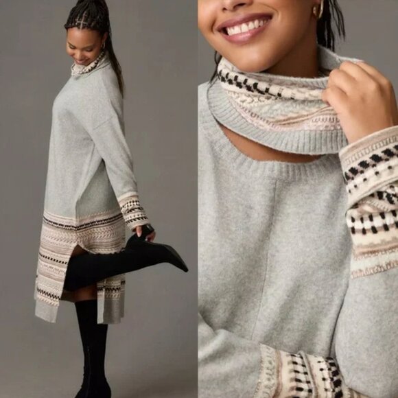 Anthropologie Daily Practice Turtleneck Sweater Dress Removable Collar Fair Isle - Picture 2 of 16